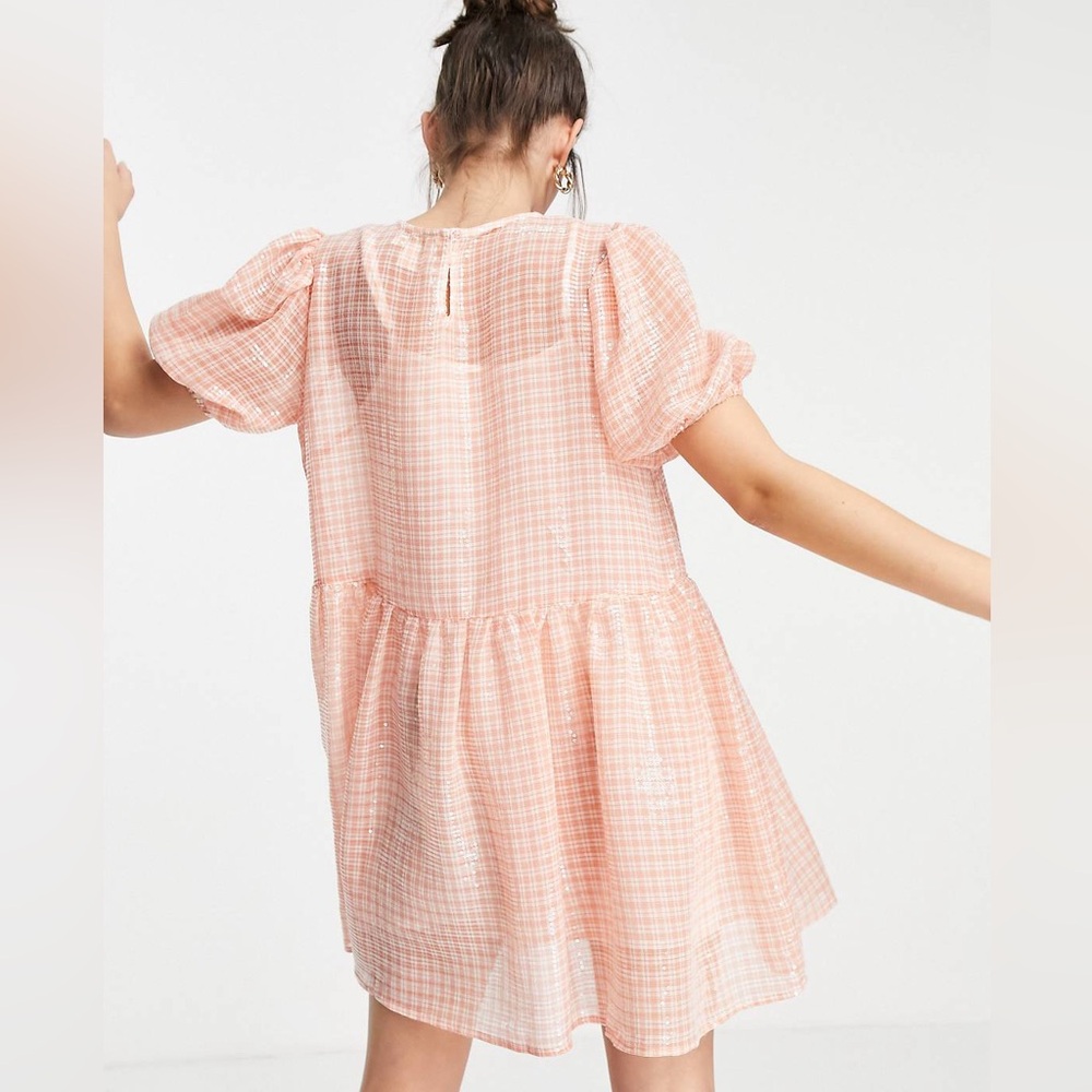 Peach Gingham Mini Dress with Puff Sleeves - Picture 8 of 16